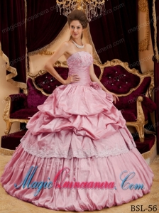 Beautiful Ball Gown Strapless Floor-length Taffeta Appliques Pink Cute Quinceanera Dress