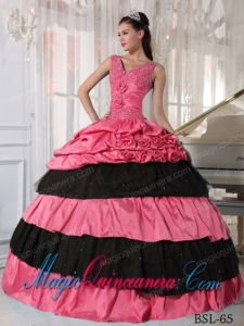 Beautiful Ball Gown Watermelon and Black in Taffeta Beading Quinceanera Dress