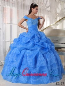 Beautiful Blue Ball Gown Off The Shoulder Floor-length Taffeta and Organza Beading Quinceanera Dress