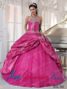 Beautiful Hot Pink Ball Gown Strapless Floor-length Taffeta and Tulle Appliques Quinceanera Dress