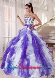 Beautiful White and Purple Strapless Floor-length Organza Beading Quinceanera Dress