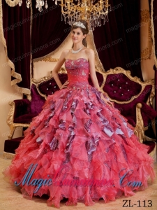 Classic Quinceanera Gowns In Watermelon Ball Gown Sweetheart With Beading Leopard and Organza