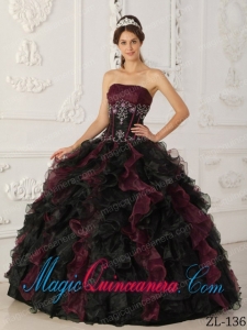 Elegant Burgundy and Black Ball Gown Strapless Beading Quinceanera Dress