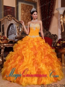 Golden Ball Gown Sweetheart Floor-length Organza Appliques and Beading Cute Quinceanera Dress