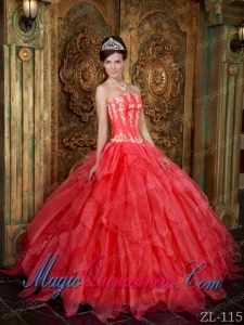 Gorgeous Ball Gown Strapless Appliques Organza Coral Red Best Quinceanera Dress