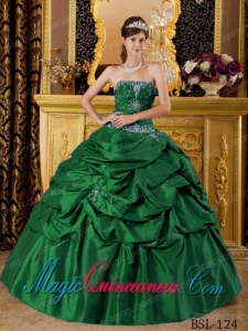 Green Ball Gown Strapless Floor-length Taffeta Appliques Cute Quinceanera Dress