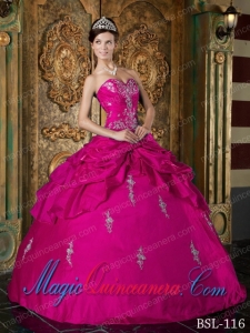 Hot Pink Ball Gown Sweetheart Floor-length Taffeta Appliques Cute Quinceanera Dress