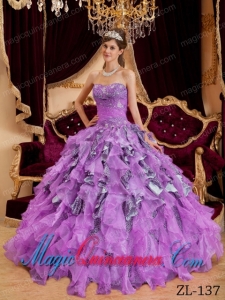 Lilac Ball Gown Sweetheart Floor-length Beading Leopard and Organza Cute Quinceanera Dress