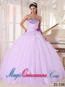 Lilac Strapless Ball Gown Tulle Cheap Quinceanera Dress with Beading