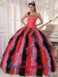 Multi-colored Best One Shoulder Organza Beading and Ruffles Quinceanera Dress