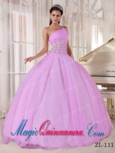 Pink Beading One Shoulder Floor-length Tulle Best Quinceanera Dress