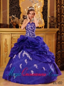 Purple Ball Gown Strapless Floor-length Organza Appliques Cute Quinceanera Dress