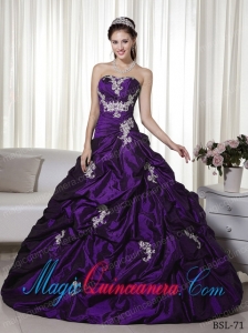 Purple Cheap A-line Strapless Taffeta Quinceanera Dress with Appliques