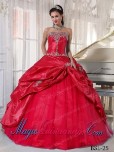 Red Ball Gown Strapless Appliqued Taffeta and Tulle Best Quinceanera Dress