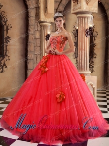 Red Ball Gown Strapless Floor-length Satin and Tulle Beading Cute Quinceanera Dress