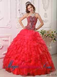 Red Organza Ball Gown Sweetheart Floor-length Best Quinceanera Dress with Beading