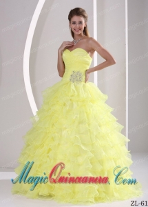 Ruffles Sweetheart Light Yellow Quinceaners Gowns with Appliques and Ruches