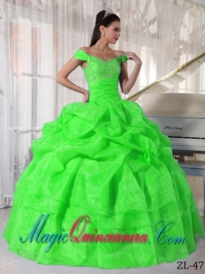Spring Green Ball Gown Off The Shoulder Floor-length Taffeta and Organza Beading Cute Quinceanera Dress