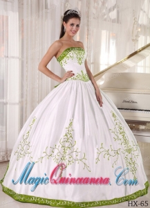 Strapless Cheap White and Olive Green Quinceanera Dress with Embroidery