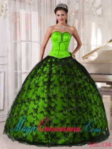 Tulle and Taffeta Spring Green and Black Sweetheart Lace Best Quinceanera Dress