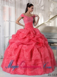 Watermelon Off The Shoulder Taffeta and Organza Beading Best Quinceanera Dress