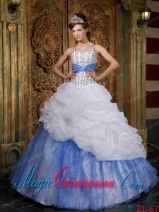 White and Baby Blue A-line / Princess Halter Floor-length Beading Cute Quinceanera Dress