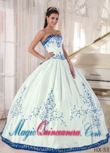 White and Blue Strapless Floor-length Embroidery Best Quinceanera Dress