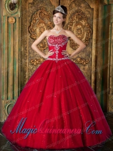 Wine Red A-Line / Princess Sweetheart Floor-length Beading Tulle Cute Quinceanera Dress