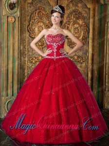 Wine Red A-Line / Princess Sweetheart Floor-length Beading Tulle Cute Quinceanera Dress