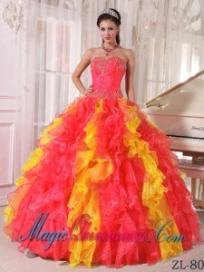 2014 Coral Red and Orange Ball Gown Sweetheart Floor-length Organza Sequins Quinceanera Dress