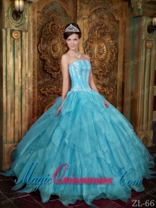 2014 Gorgeous Ball Gown Strapless Floor-length Appliques Organza Aqua Blue Quinceanera Dress