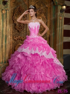 2014 Hot Pink Ball Gown Strapless Floor-length Ruffles Organza Quinceanera Dress