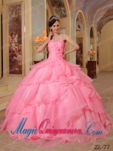 2014 Watermelon Ball Gown Sweetheart Floor-length Organza Beading Quinceanera Dress