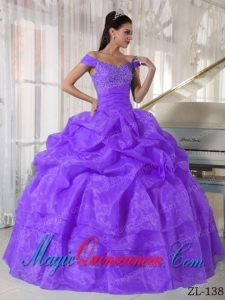 A Purple Ball Gown Off The Shoulder With Taffeta and Organza Beading Discount Quinceanera Dresses