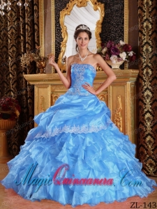 Affordable Baby Blue Ball Gown Strapless Quinceanera Dress