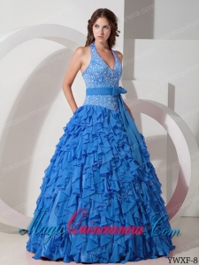 Ball Gown Halter Blue Chiffon Fashion Quinceanera Dress with Embroidery