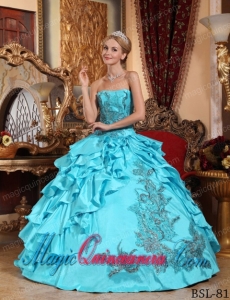 Ball Gown Strapless Aqua Blue Taffeta Appliques Best Quinceanera Dress