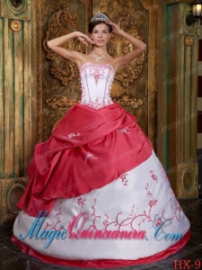 Ball Gown Strapless Red and White Embroidery Best Quinceanera Dress