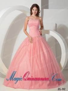 Ball Gown Strapless Tulle Beading Dramatic Quinceanera Dress in Watermelon