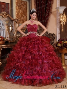 Ball Gown Sweetheart Floor-length Organza Beading Best Quinceanera Dress in Wine Red