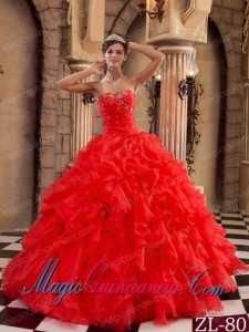 Ball Gown Sweetheart Ruffles Red Organza Best Quinceanera Dress with Beading