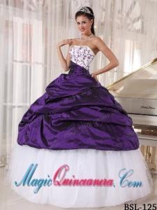 Beautiful Ball Gown Strapless White and Purple Embroidery Dramatic Quinceanera Dress