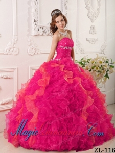 Beautiful Coral Red Ball Gown Sweetheart Floor-length Organza Appliques and Beading Quinceanera Dress