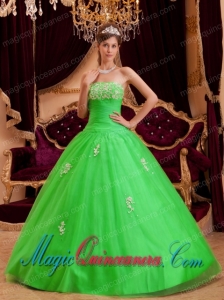 Cheap Spring Green A-line Strapless Appliques Tulle Quinceanera Dress