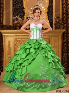 Cheap Spring Green and White Sweetheart Quinceanera Dress with Ruffles and Embroidery