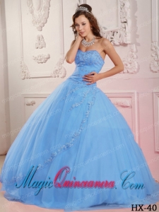 Classical Ball Gown Sweetheart Floor-length Tulle Appliques Baby Blue Cute Quinceanera Dress