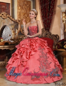 Coral Red Ball Gown Cheap Taffeta Appliques Quinceanera Dress