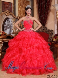Discount Quinceanera Dresses In Red Ball Gown Sweetheart With Organza Beading