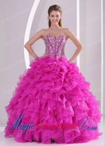 Elegant Pretty Sweetheart Ruffles and Beaded Decorate 2014 Hot Pink Quinceanera Gowns