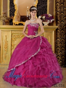 Fuchsia Ball Gown Strapless Floor-length Organza Appliques Bule Cute Quinceanera Dress